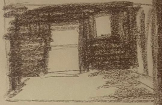 Inside of an abandoned cabin, view without doors or windows